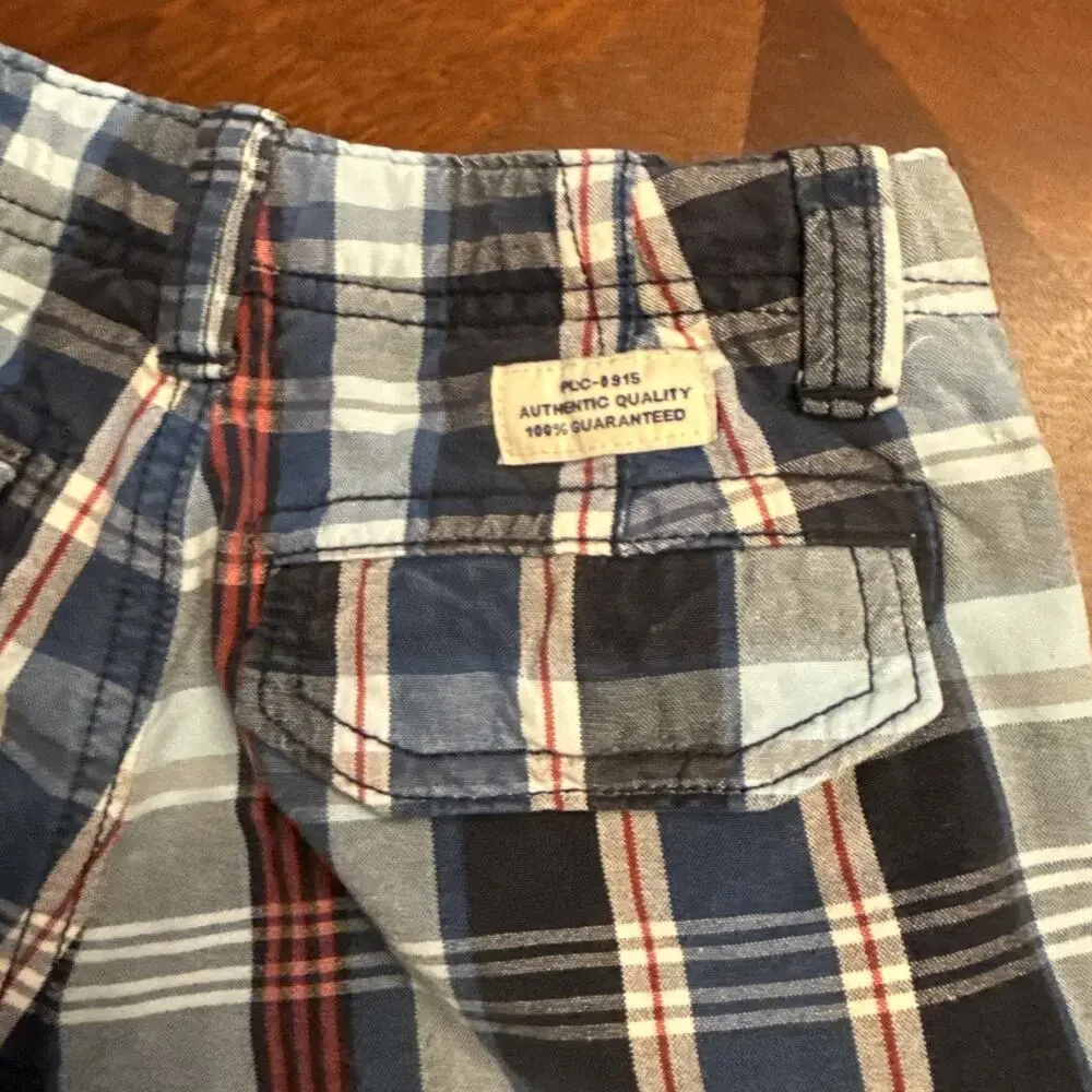 Children's Place‎ Boys 100% Cotton Cargo Shirt Blue Gray Red Plaid Size 6 EUC